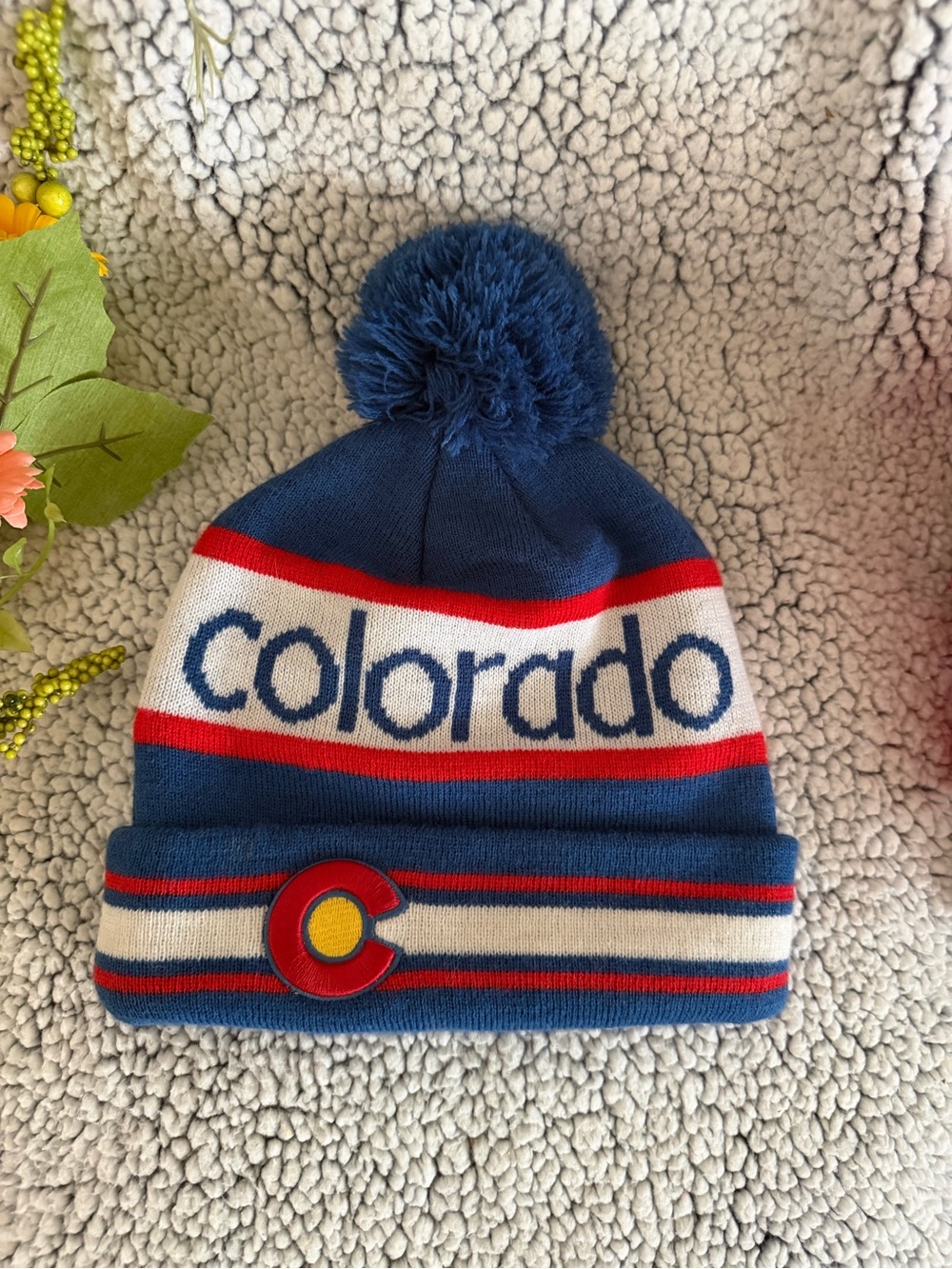 Colorado Pom Beanie Hat - Blue/Red/White